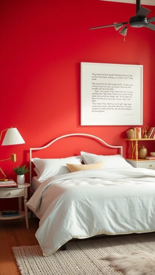 A bright red bedroom featuring white bedding and decorative elements.