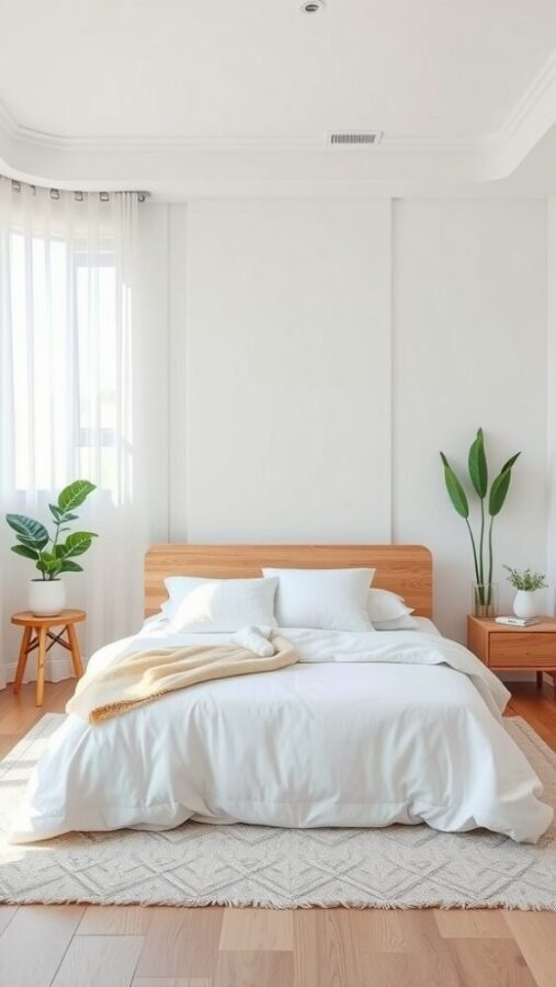 A bright and airy bedroom featuring white bedding and walls, a wooden bed frame, plants, and natural light.
