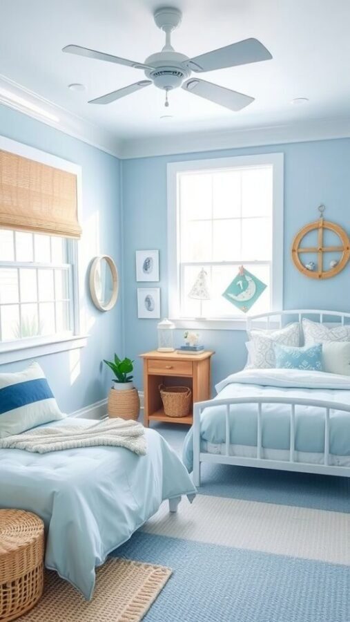 45 Inspiring Bedroom Ideas for Every Style 6 A serene coastal-themed bedroom with light blue walls, white furniture, and nautical decor.
