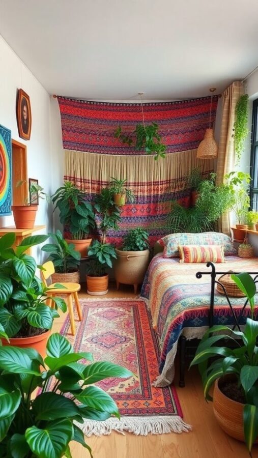 45 Inspiring Bedroom Ideas for Every Style 45 A colorful bohemian style bedroom with vibrant tapestries and lush green plants.