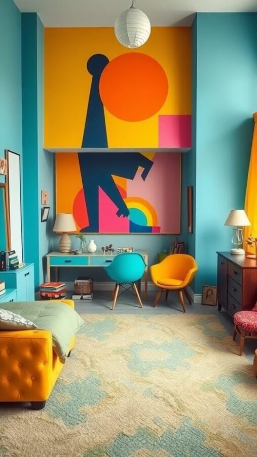 45 Inspiring Bedroom Ideas for Every Style 5 Colorful eclectic bedroom featuring turquoise walls, bold geometric artwork, yellow tufted sofa, and vibrant seating.