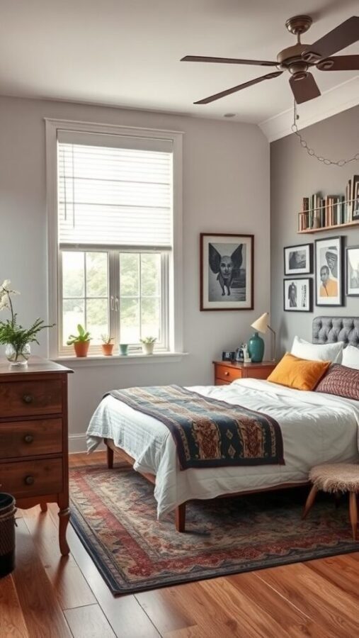 45 Inspiring Bedroom Ideas for Every Style 39 A cozy bedroom featuring an eclectic style with a comfortable bed, framed artwork on the walls, wooden furniture, and plants by the window.