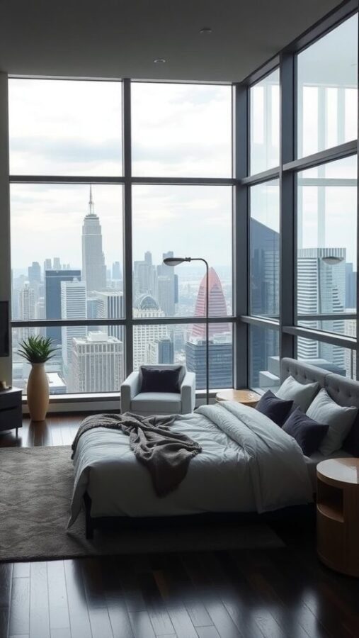 45 Inspiring Bedroom Ideas for Every Style 14 Modern bedroom with large windows showcasing a city skyline.