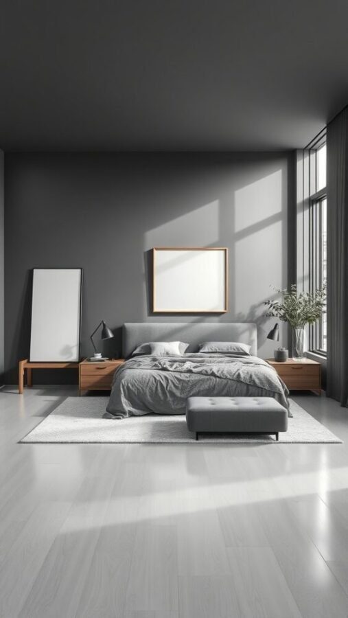Modern bedroom with cool graphite gray walls, light wood accents, and cozy textiles.