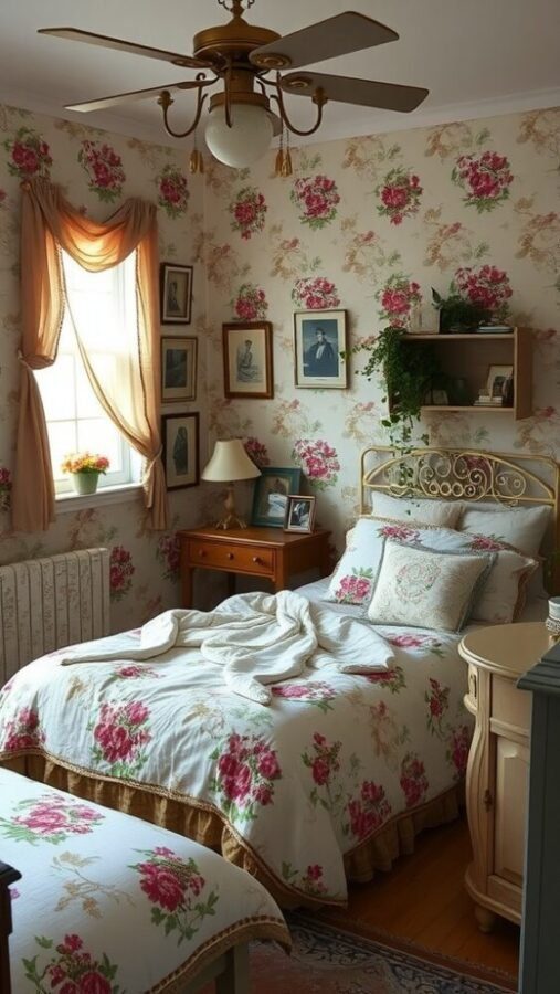 45 Inspiring Bedroom Ideas for Every Style 22 A cozy cottagecore bedroom with floral wallpaper, a vintage bed, and warm lighting
