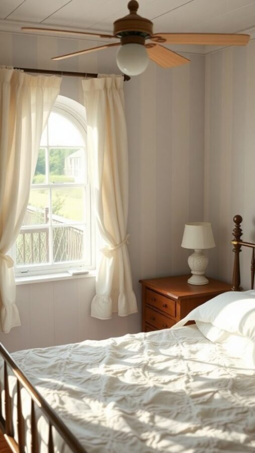 31 Stunning Curtain Ideas to Transform Your Bedroom 20 A cozy bedroom featuring country cottage ruffled curtains, a wooden bed, and a lamp on a nightstand.