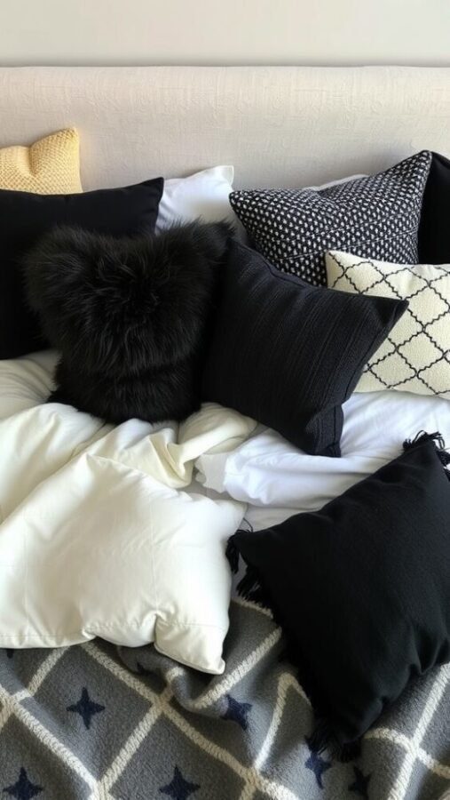 30 Stylish Black Bedroom Ideas 6 A collection of cozy black throw pillows on a bed, featuring various textures and patterns.