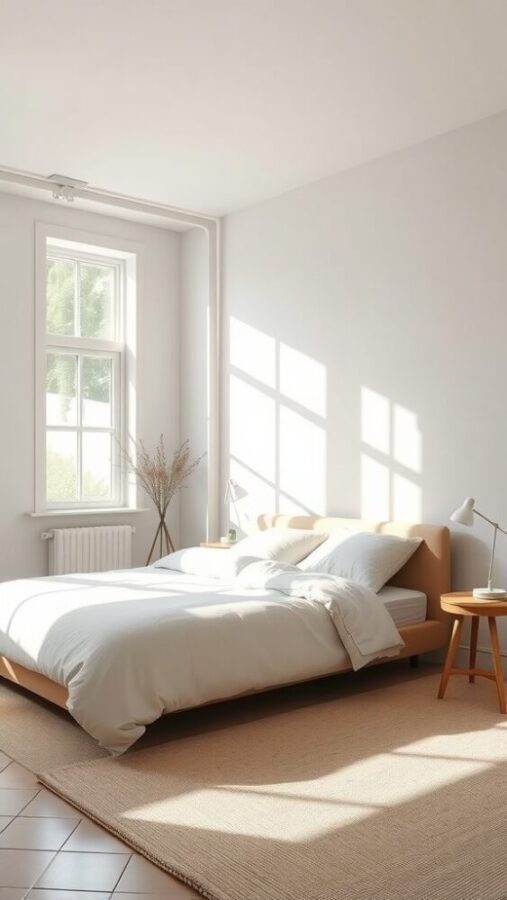45 Inspiring Bedroom Ideas for Every Style 43 A minimalist bedroom with a bed, wooden nightstands, natural light, and a soft rug