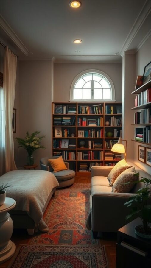 45 Inspiring Bedroom Ideas for Every Style 33 A cozy reading nook featuring a comfortable armchair, a soft blanket, a bookshelf filled with books, and a warm lamp.