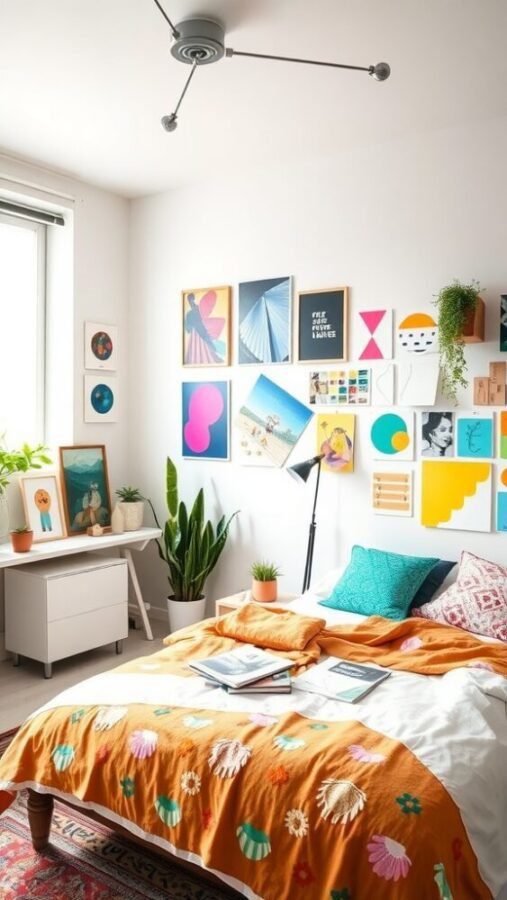 45 Inspiring Bedroom Ideas for Every Style 29 A creative studio bedroom featuring a colorful art wall, vibrant textiles, and plants.