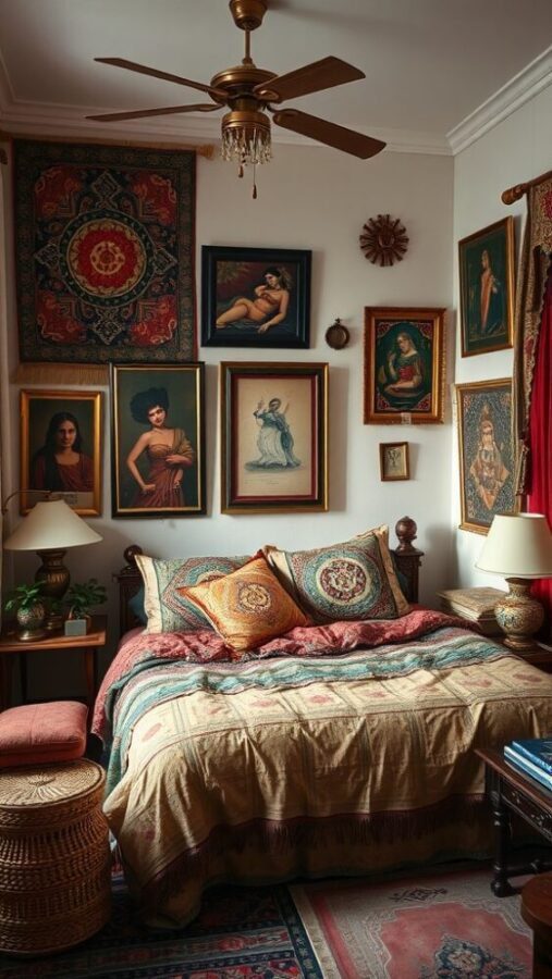 A cozy bedroom featuring a blend of cultural art, colorful bedding, and unique decor elements.