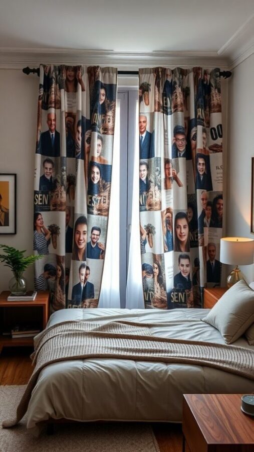 31 Stunning Curtain Ideas to Transform Your Bedroom 19 Custom printed photo curtains featuring various portraits and quotes in a cozy bedroom setting