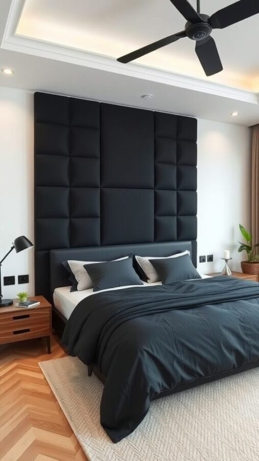 30 Stylish Black Bedroom Ideas 26 A modern bedroom featuring a customized black tufted headboard, soft black bedding, and stylish decor.