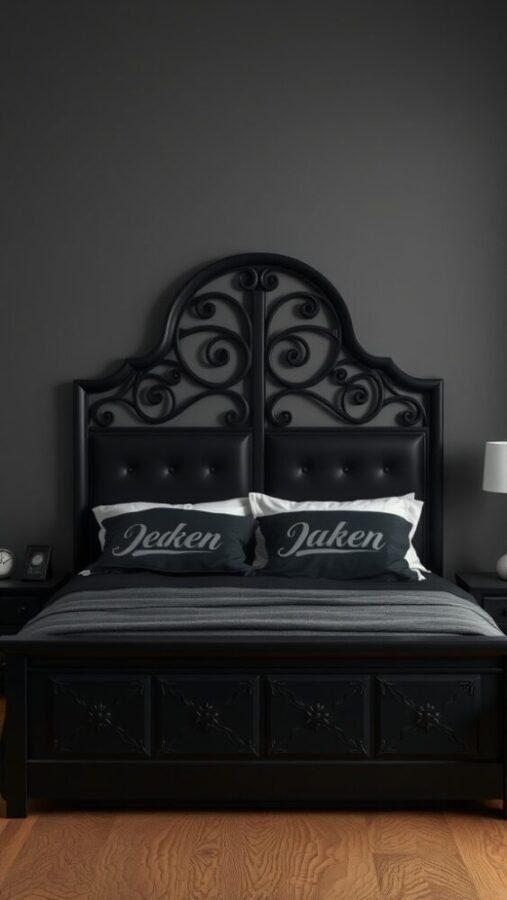 A stylish black headboard with intricate scrollwork and matching pillows in a modern bedroom setting.
