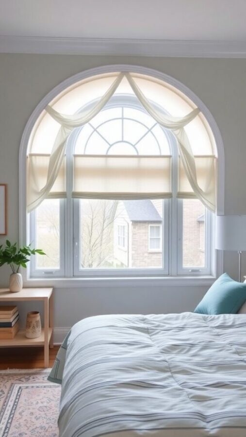 31 Stunning Curtain Ideas to Transform Your Bedroom 31 Customized window treatments in a serene bedroom setting featuring an arch-shaped window