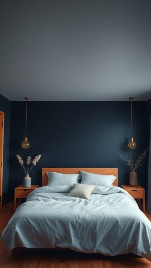 A cozy bedroom featuring deep navy blue walls, light bedding, and wooden furniture