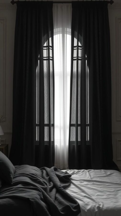 30 Stylish Black Bedroom Ideas 3 A bedroom featuring dramatic black curtains and a neatly made bed.