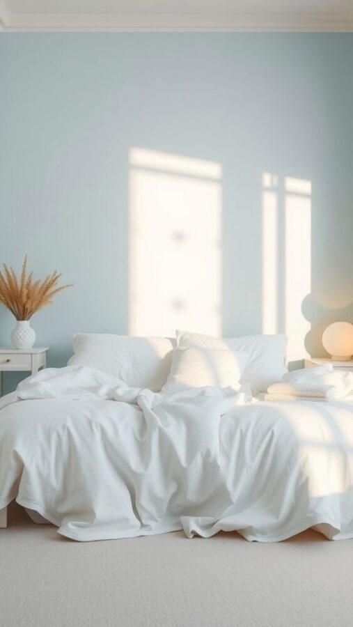 A cozy bedroom with powder blue walls, white bedding, and a nightstand with a vase of dried flowers.