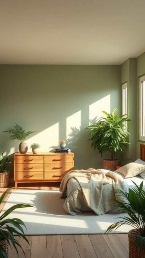 A serene bedroom featuring sage green walls, wooden furniture, and lush plants.
