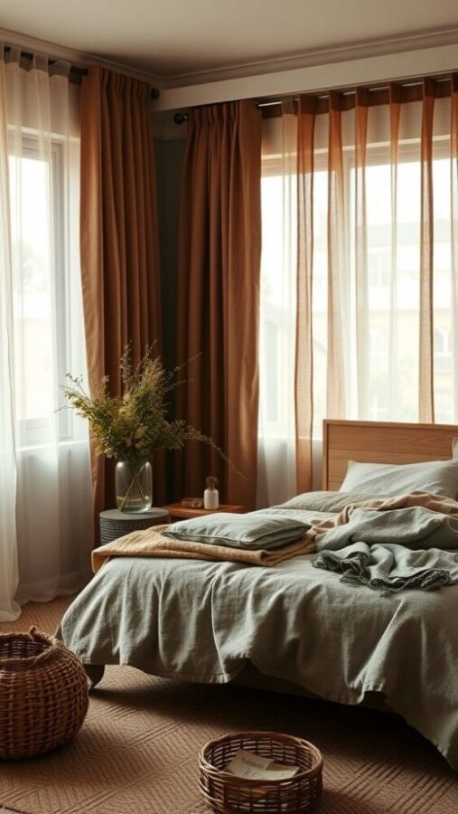 31 Stunning Curtain Ideas to Transform Your Bedroom 18 A cozy bedroom featuring earthy tone curtains, soft bedding, and natural decor elements.