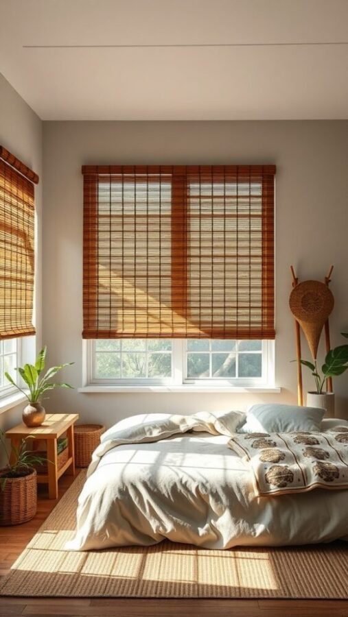 31 Stunning Curtain Ideas to Transform Your Bedroom 28 A bright bedroom with bamboo shades creating a warm and inviting atmosphere