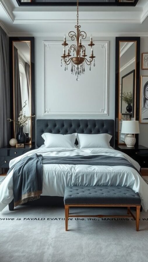 30 Stylish Black Bedroom Ideas 24 A stylish black and silver bedroom featuring a black bed, silver chandelier, and elegant decor.