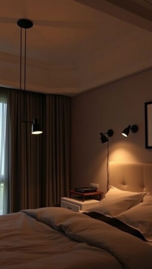 30 Stylish Black Bedroom Ideas 11 A cozy bedroom with elegant black lighting fixtures illuminating the space.
