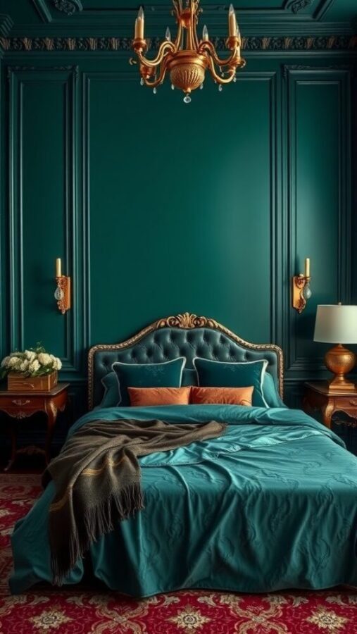 A luxurious bedroom featuring emerald green walls, an elegant tufted bed, and warm lighting elements.