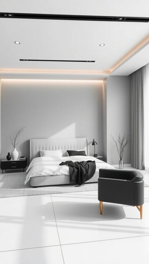 45 Inspiring Bedroom Ideas for Every Style 1 A minimalist bedroom featuring a gray color scheme, a bed with white linens, a black accent chair, and natural decor elements.