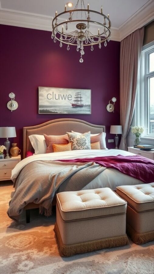 A bedroom featuring elegant plum walls, a silver chandelier, and stylish bedding.