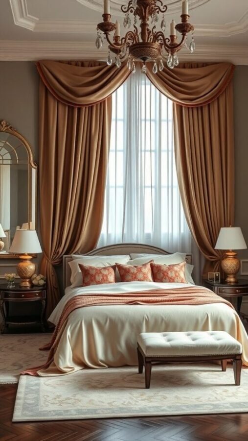 31 Stunning Curtain Ideas to Transform Your Bedroom 14 A beautifully decorated bedroom featuring elegant silk draperies framing large windows, complemented by a cozy bed and stylish decor.