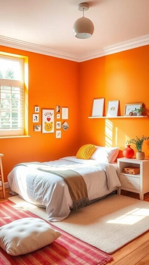 A vibrant bedroom with tangerine walls, a cozy bed, yellow accents, and a colorful rug.