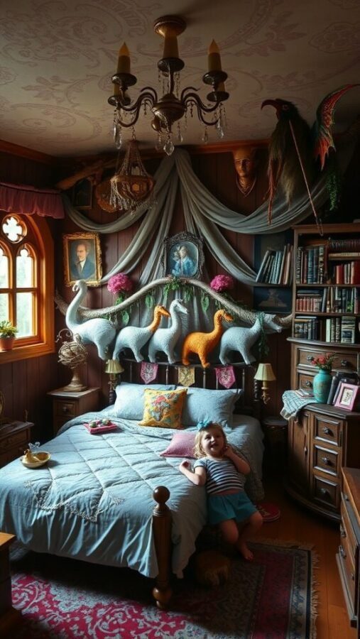 45 Inspiring Bedroom Ideas for Every Style 35 A whimsical fantasy-themed bedroom featuring colorful decor, animal sculptures, and a playful child lounging on the bed.