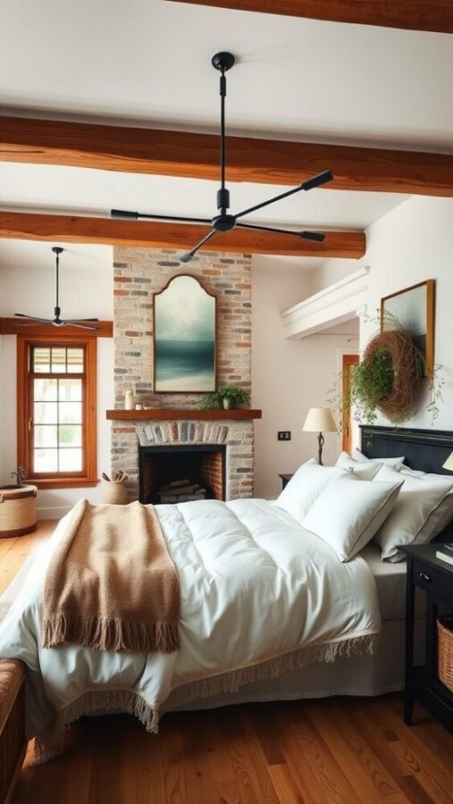 45 Inspiring Bedroom Ideas for Every Style 12 A cozy farmhouse bedroom featuring wooden beams, a brick fireplace, soft bedding, and plants that enhance the rustic luxury feel.