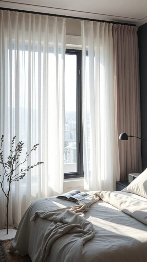31 Stunning Curtain Ideas to Transform Your Bedroom 30 A bright bedroom featuring floating sheer panels and solid curtains, showcasing a cozy aesthetic.