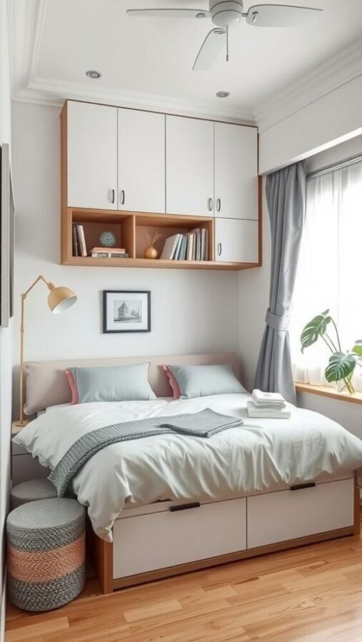 45 Inspiring Bedroom Ideas for Every Style 21 A small, stylish bedroom featuring a bed with storage drawers, wall-mounted cabinets, and a cozy reading corner.