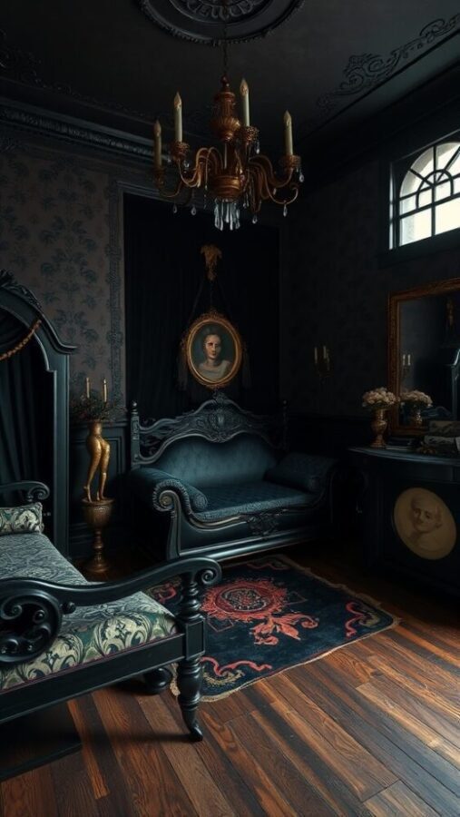 45 Inspiring Bedroom Ideas for Every Style 27 A Gothic-style bedroom featuring ornate furniture, a chandelier, and dark wallpaper.