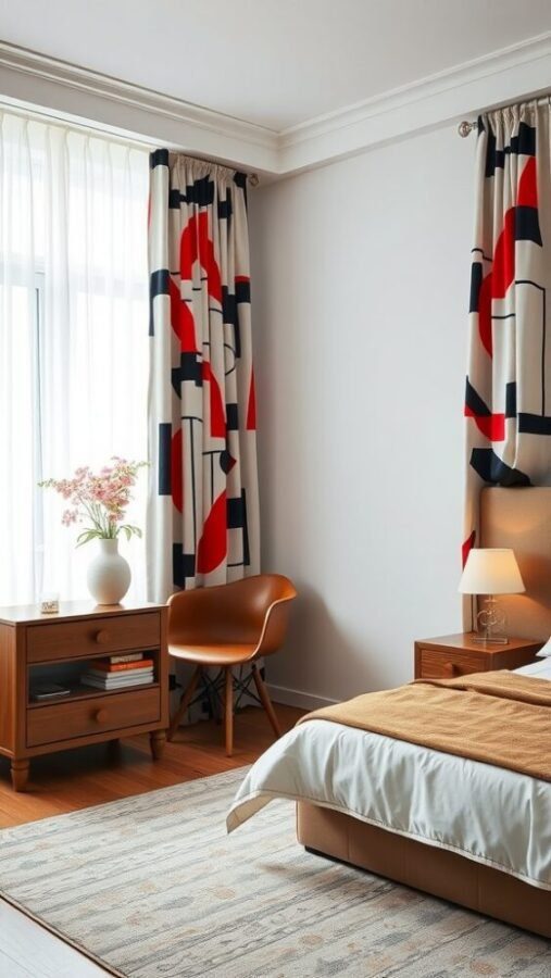 31 Stunning Curtain Ideas to Transform Your Bedroom 23 A bedroom featuring curtains with bold graphical prints, complemented by a cozy bed and wooden furniture.