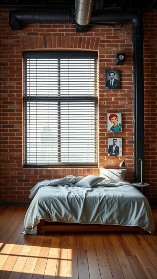 31 Stunning Curtain Ideas to Transform Your Bedroom 13 A bedroom featuring industrial-style metal blinds against a brick wall, with a cozy bed and framed wall art.