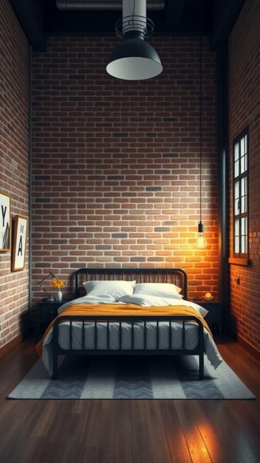 A cozy industrial chic bedroom featuring exposed brick walls, a metal bed frame, and warm lighting.
