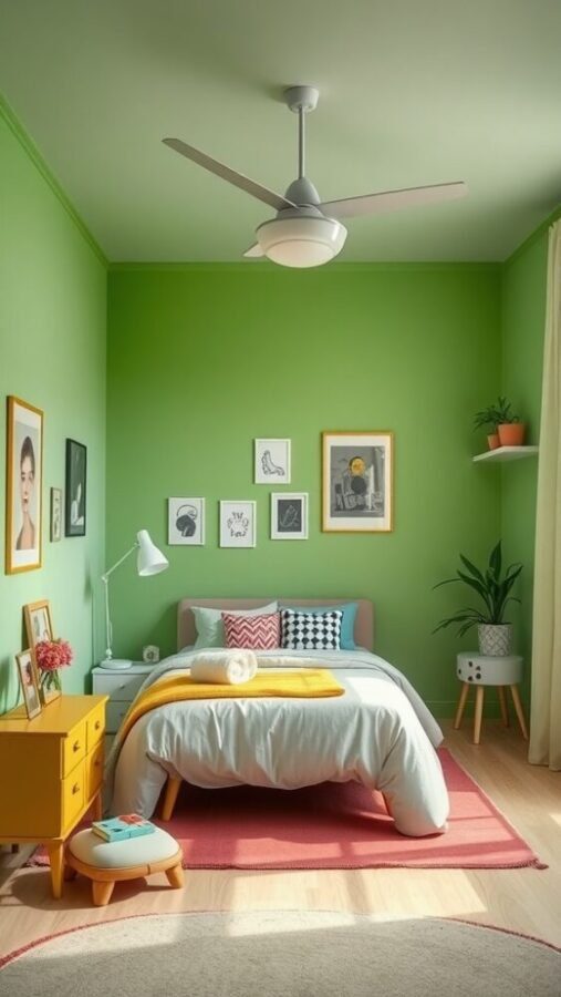 A vibrant bedroom with lime green walls, featuring a bed with colorful cushions, a yellow bedside table, and decorative art on the walls.