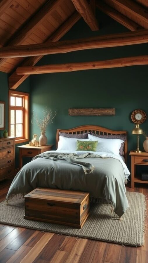 A cozy bedroom featuring forest green walls, wooden beams, and rustic furniture.