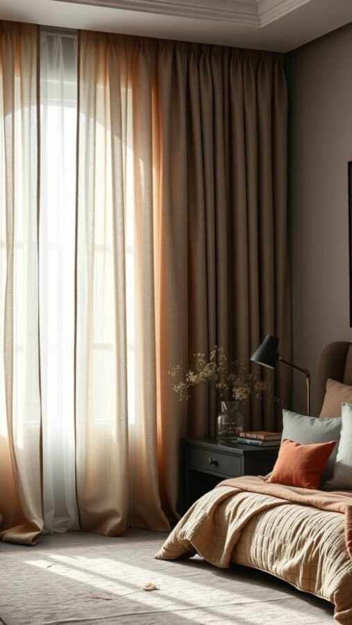 31 Stunning Curtain Ideas to Transform Your Bedroom 32 A cozy bedroom with layered textured curtains in warm tones, a neatly made bed, and stylish decor.