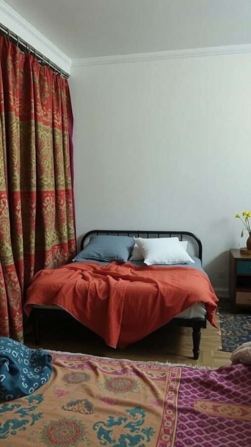 45 Inspiring Bedroom Ideas for Every Style 23 A cozy bedroom featuring layered textures with an orange blanket on the bed, patterned curtains, and a decorative rug.