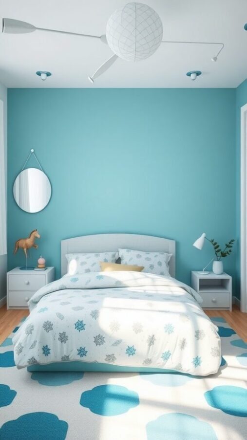 A modern bedroom featuring aqua blue accents with a cozy bed, playful decor, and a warm wooden floor.