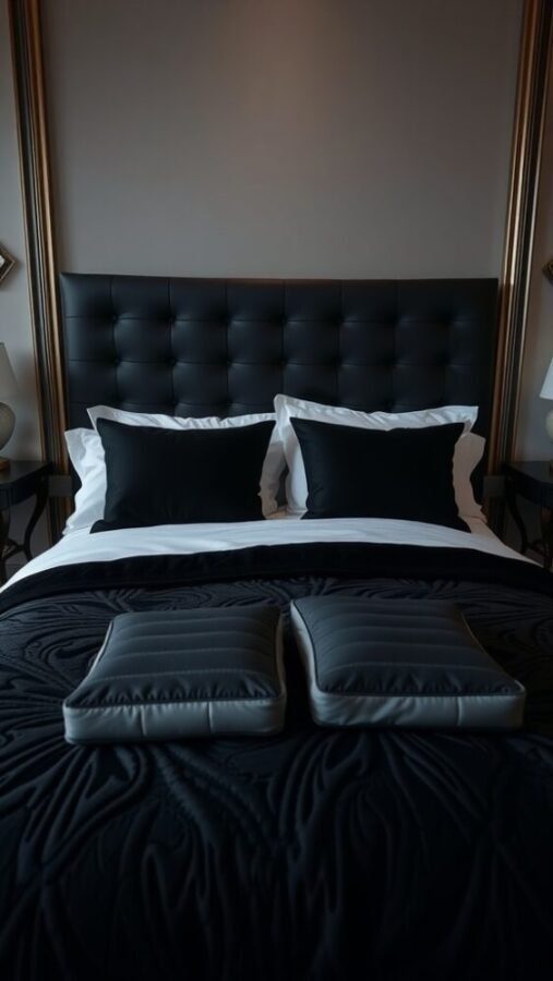 30 Stylish Black Bedroom Ideas 2 Luxurious black bedding set with a tufted black headboard, white pillows, and decorative cushions.