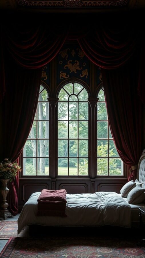 31 Stunning Curtain Ideas to Transform Your Bedroom 2 Luxurious bedroom with velvet drapes framing a large window and a neatly made bed.