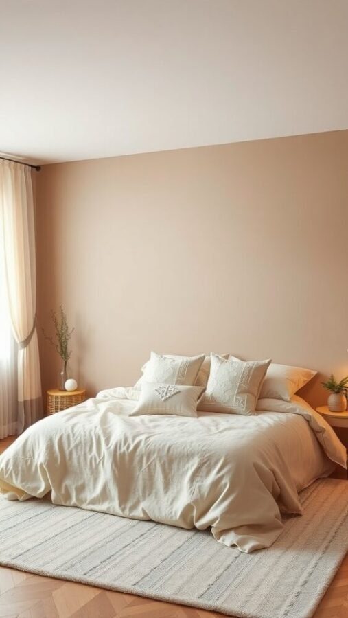 A cozy bedroom featuring a mellow taupe wall and cream bedding, creating a serene atmosphere.