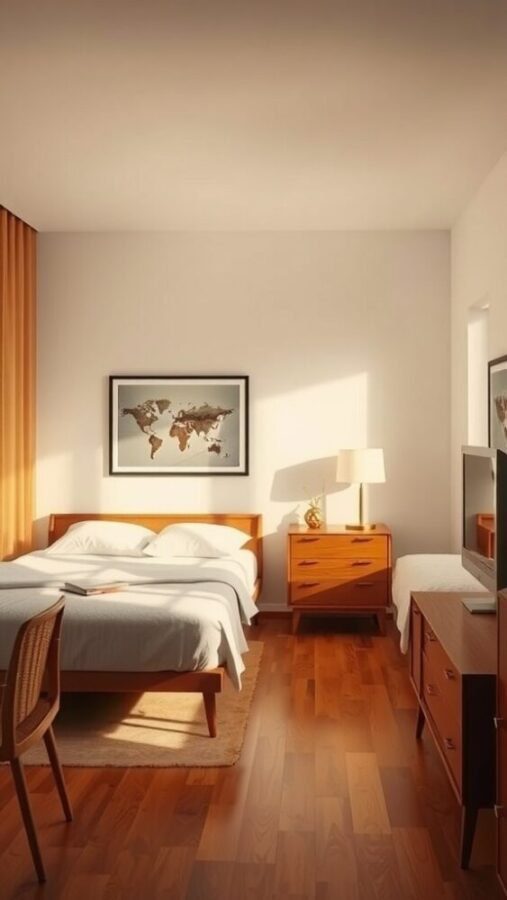45 Inspiring Bedroom Ideas for Every Style 13 A cozy mid-century modern bedroom with wooden furniture and warm lighting.