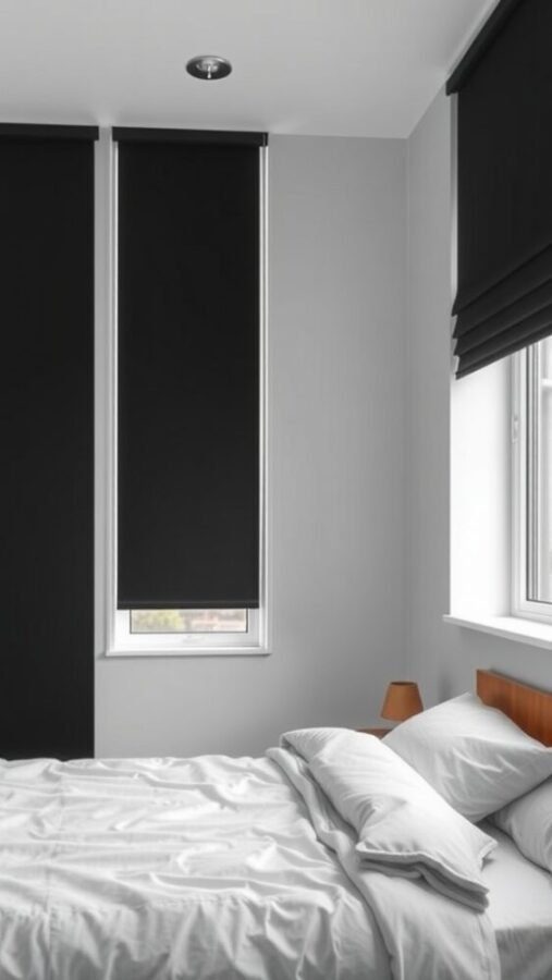 31 Stunning Curtain Ideas to Transform Your Bedroom 1 A minimalist bedroom featuring black blackout shades over two windows, with a white bedding set on a bed.